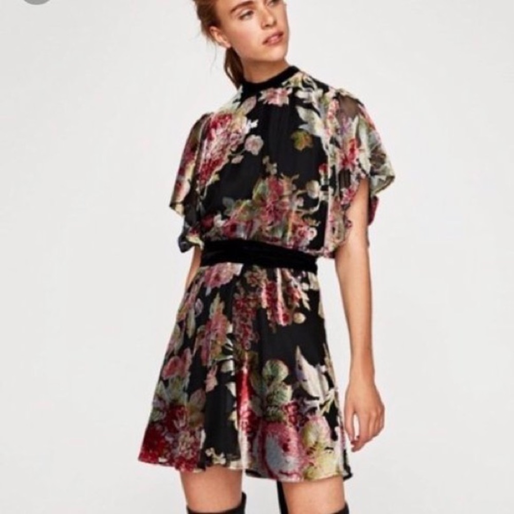Zara Velvet Floral Dress Size L